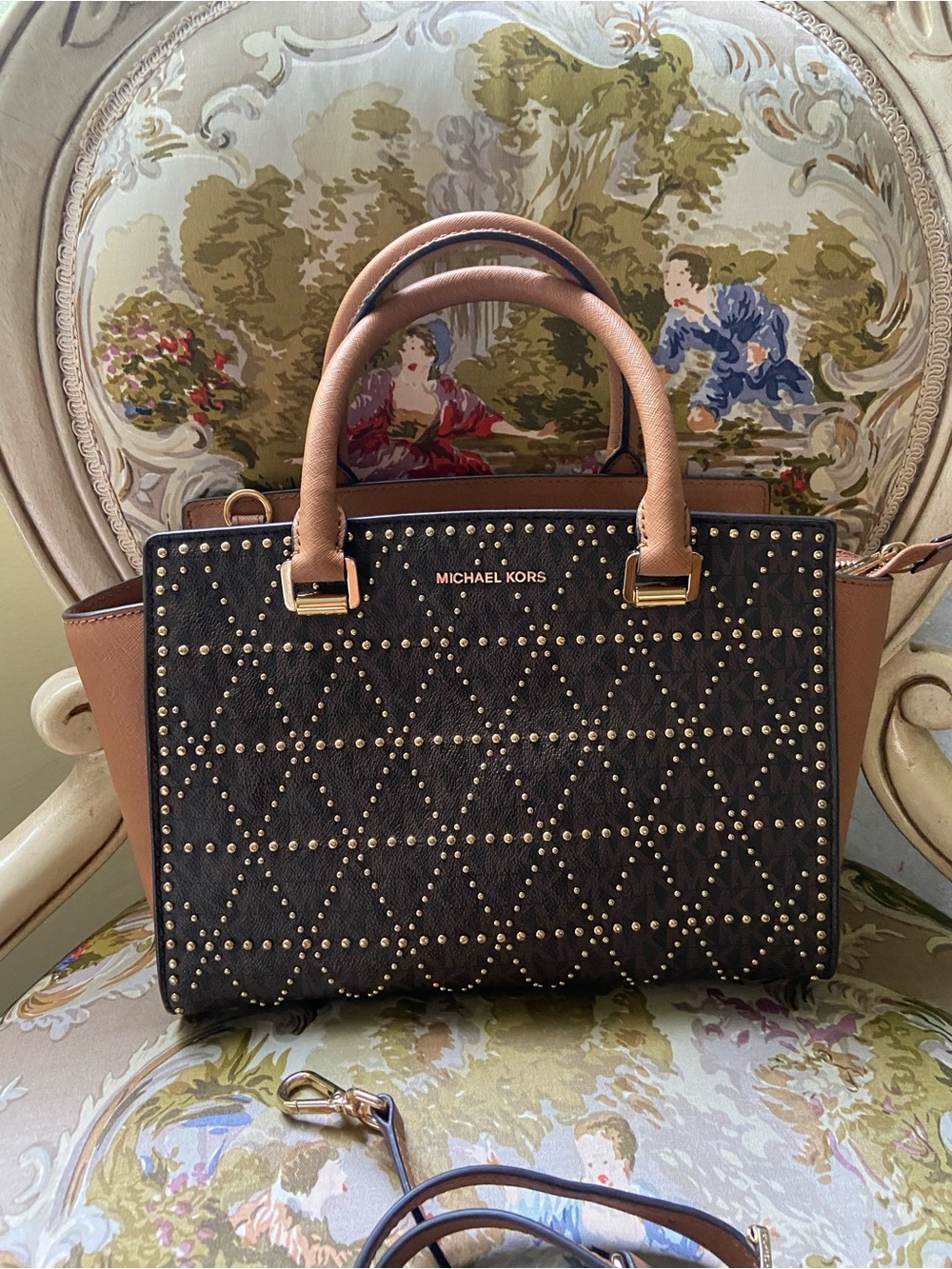 Michael Kors Black and Tan Studded Quilted Satchel